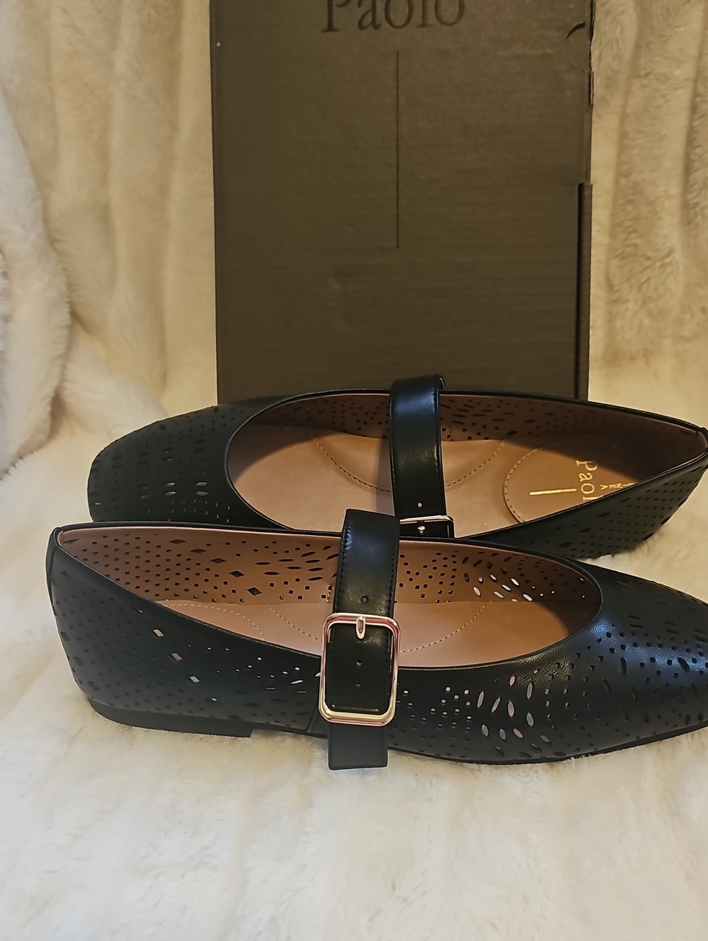 Paolo Black Perforated Mary Jane Flats In Nappa Leather with Gold Buckle